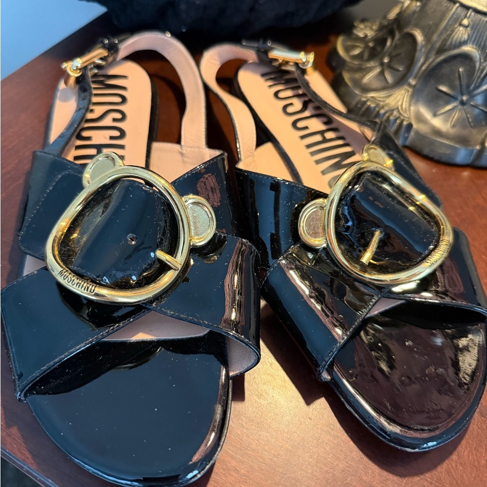 Moschino Black Patent Leather Sandals with Gold Buckle
